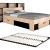 Vente-unique Lit 140 x 190/200 cm avec tête de lit et rangements - Coloris : Naturel et noir + Sommier - KINSELIA