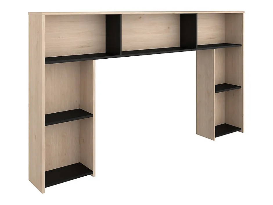 Vente-unique Lit 140 x 190/200 cm avec tête de lit et rangements - Coloris : Naturel et noir + Sommier - KINSELIA