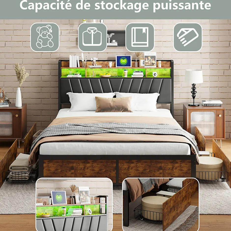 ProximaX Lit 180 x 200 cm avec tête de lit, 4 tiroirs, LED et station de charge - noir