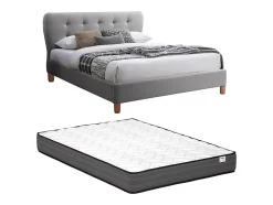 Vente-unique Lit 140 x 190 cm avec tête de lit capitonnée - Tissu - Gris + Matelas - ELIDE Hot