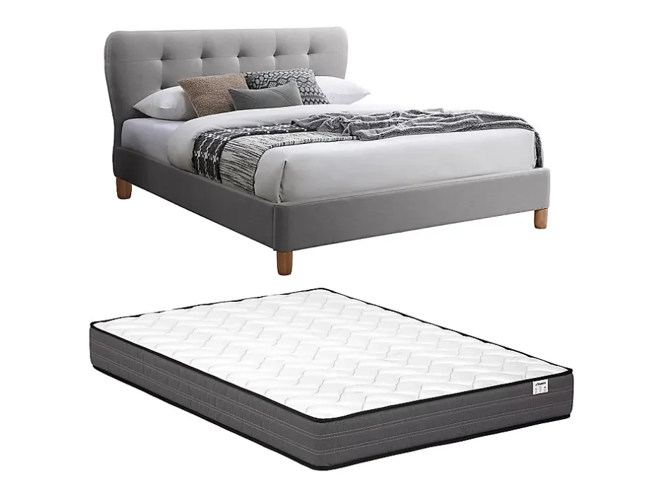 Vente-unique Lit 140 x 190 cm avec tête de lit capitonnée - Tissu - Gris + Matelas - ELIDE Hot