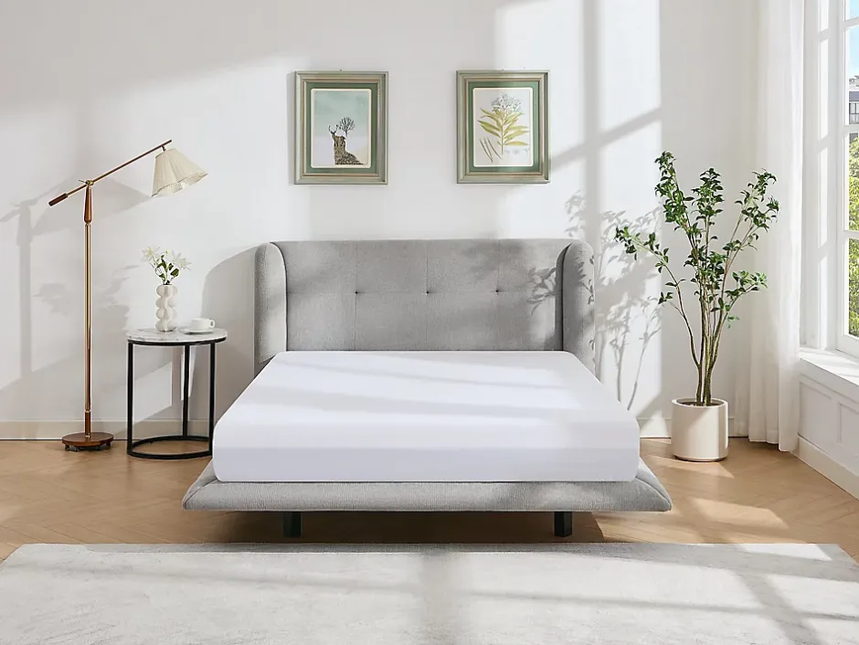 Vente-unique Lit 140 x 190 cm avec tête de lit capitonnée - Tissu - Gris clair - PENAVI Outlet