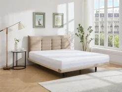 Vente-unique Lit 180 x 200 cm avec tête de lit capitonnée - Velours - Beige - NISATIO Clearance