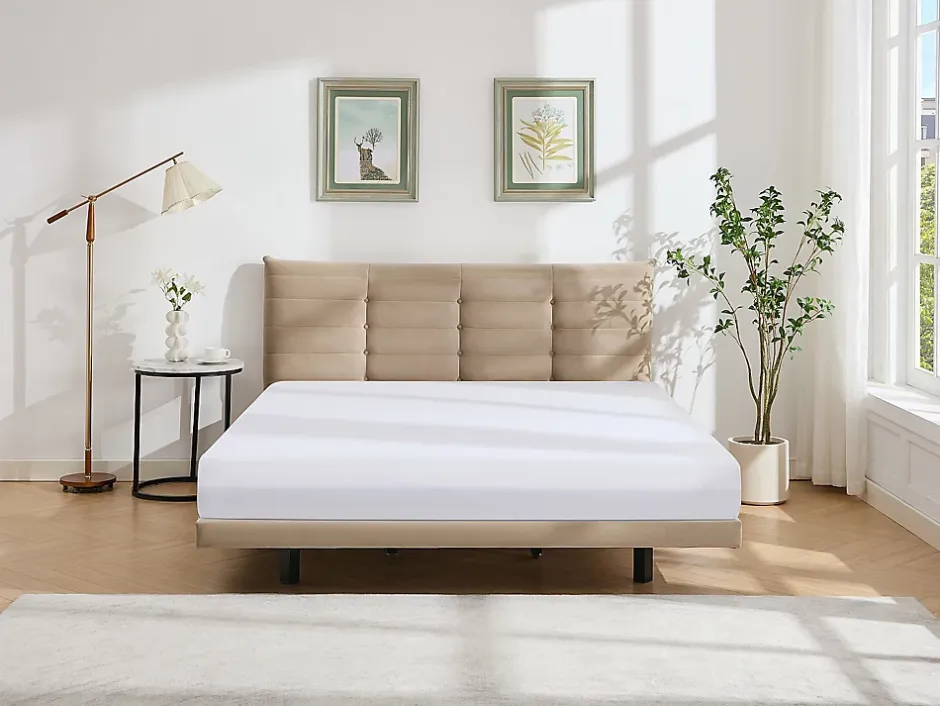 Vente-unique Lit 180 x 200 cm avec tête de lit capitonnée - Velours - Beige - NISATIO Clearance