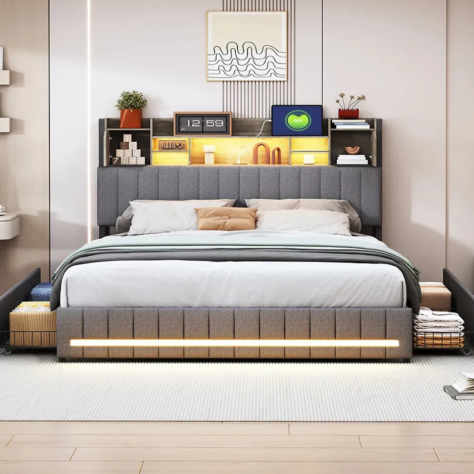 Simple Life Lit 160 x 200 cm avec tête de lit LED et USB, 4 tiroirs de rangement, sommier à lattes, lin, gris Sale