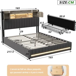 Simple Life Lit 160 x 200 cm avec tête de lit LED et USB, 4 tiroirs de rangement, sommier à lattes, lin, gris Sale