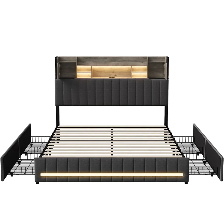 Simple Life Lit 160 x 200 cm avec tête de lit LED et USB, 4 tiroirs de rangement, sommier à lattes, lin, gris Sale