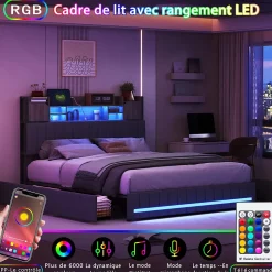 Simple Life Lit 160 x 200 cm avec tête de lit LED et USB, 4 tiroirs de rangement, sommier à lattes, lin, gris Sale