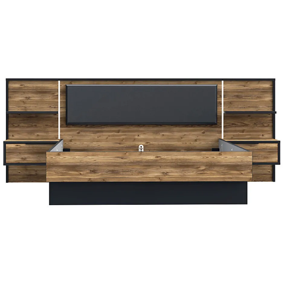 Meubletmoi Lit 160 x 200 cm décor bois épicéa et noir avec éclairage LED - CELIA