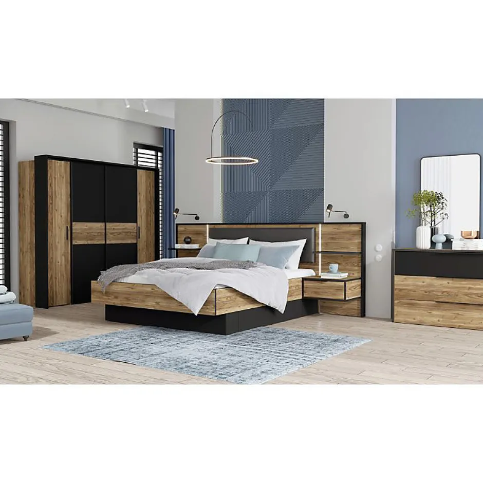 Meubletmoi Lit 160 x 200 cm décor bois épicéa et noir avec éclairage LED - CELIA