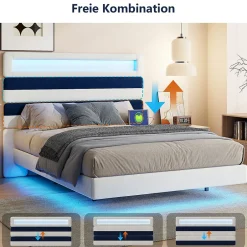 Fortuna lai Lit 140 x 200 cm Design Flottant avec Éclairage LED Prise Port USB Cadre Velours ,sans Matelas