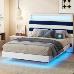 Fortuna lai Lit 140 x 200 cm Design Flottant avec Éclairage LED Prise Port USB Cadre Velours ,sans Matelas