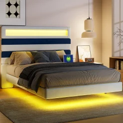 Fortuna lai Lit 140 x 200 cm Design Flottant avec Éclairage LED Prise Port USB Cadre Velours ,sans Matelas