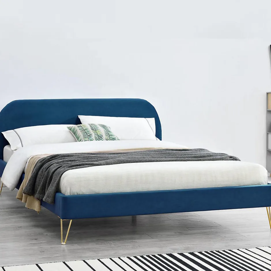 Concept Usine Lit 160 x 200 cm en velours et laiton bleu - PHOENIX