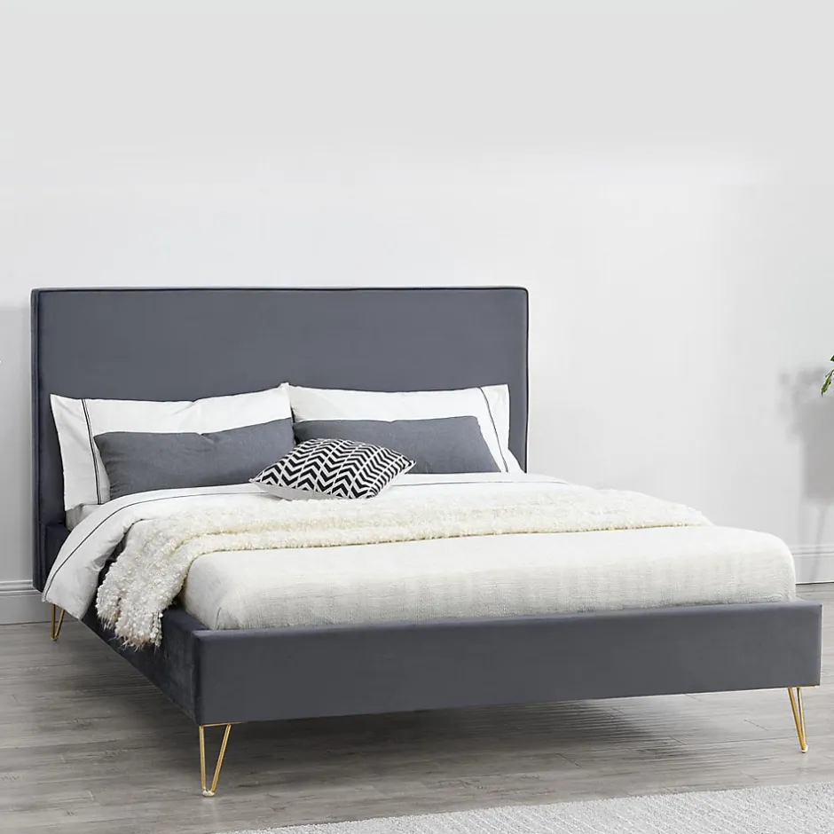 Concept Usine Lit 140 x 190 cm en velours et laiton gris - RIVERSIDE