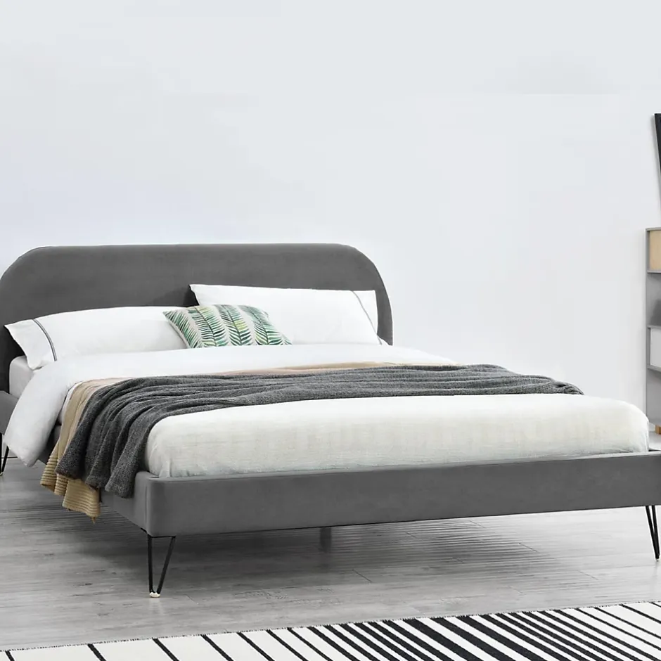 Concept Usine Lit 140 x 190 cm en velours gris et pieds noirs - PHOENIX