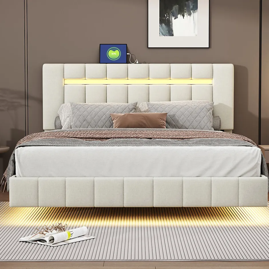 Simple Life Lit 160 X 200 Cm, Rembourré, Avec Tête De Lit Réglable, Éclairage LED, En Lin, Beige