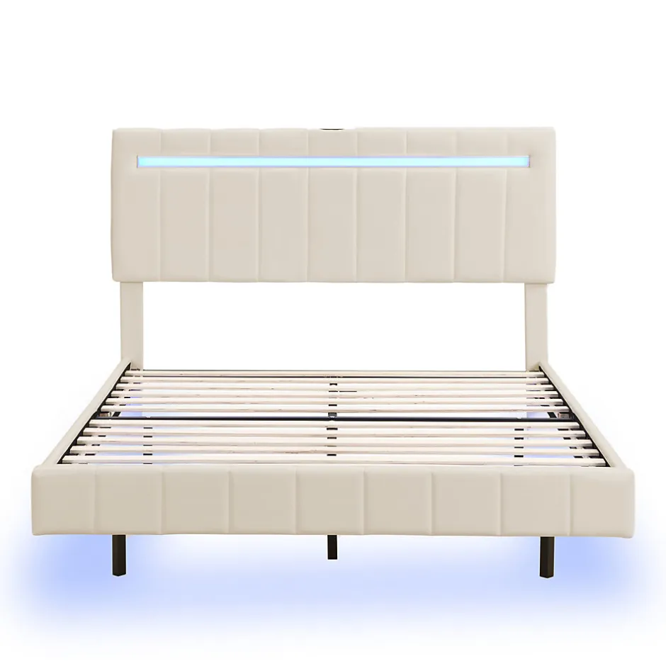 Simple Life Lit 160 X 200 Cm, Rembourré, Avec Tête De Lit Réglable, Éclairage LED, En Lin, Beige