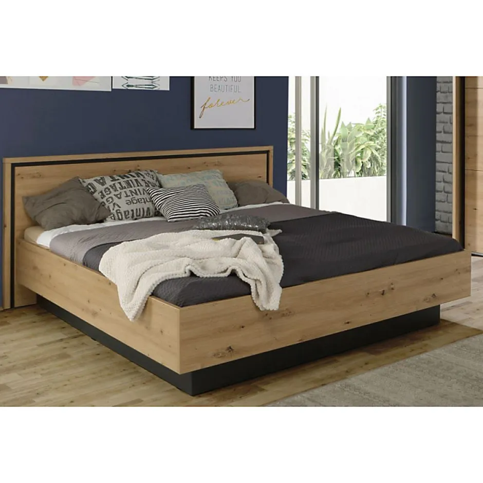 Meubletmoi Lit 180 x 200 cm tête de lit décor chêne naturel et noir mat - ALIA