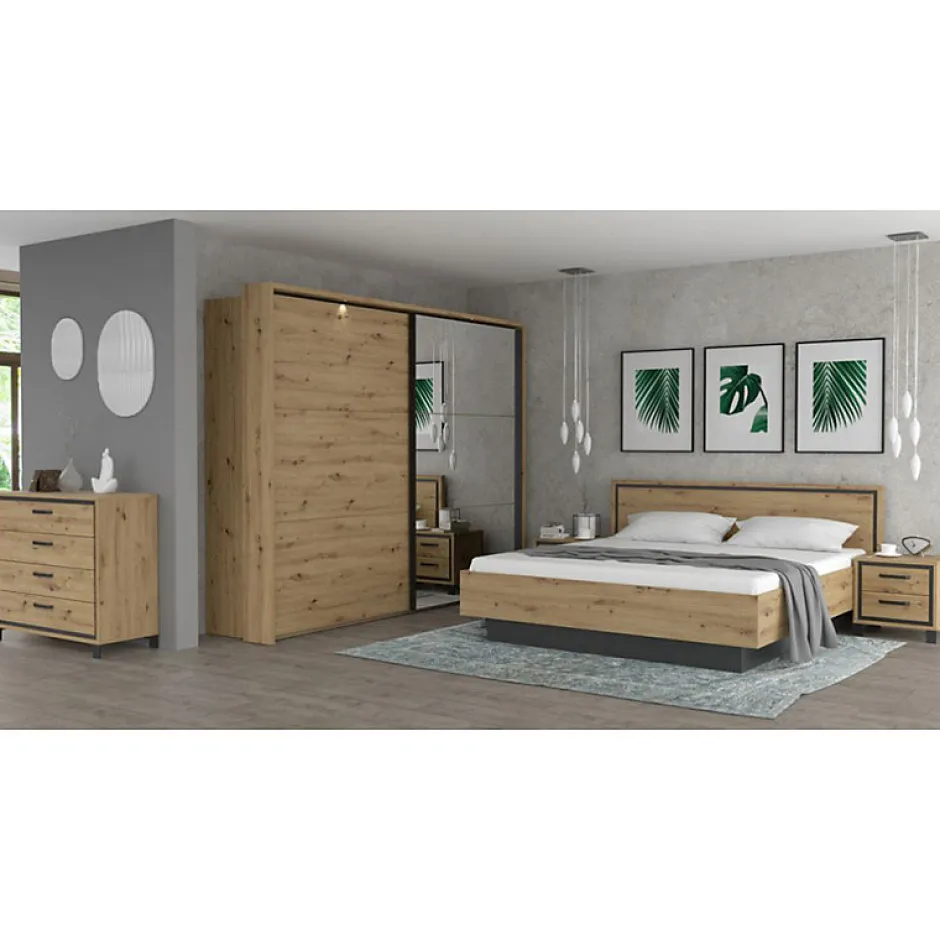 Meubletmoi Lit 180 x 200 cm tête de lit décor chêne naturel et noir mat - ALIA