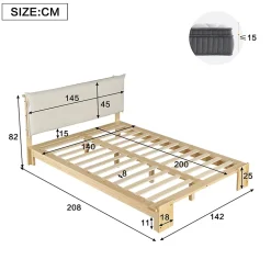 Okwish Lit Ado 140x200 cm - Lit Double avec Tête de Lit Capitonnée à Scratch, Sommier à Lattes, sans Matelas - Bois Naturel Outlet