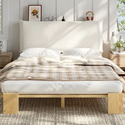 Okwish Lit Ado 140x200 cm - Lit Double avec Tête de Lit Capitonnée à Scratch, Sommier à Lattes, sans Matelas - Bois Naturel Outlet