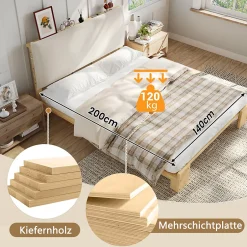 Okwish Lit Ado 140x200 cm - Lit Double avec Tête de Lit Capitonnée à Scratch, Sommier à Lattes, sans Matelas - Bois Naturel Outlet