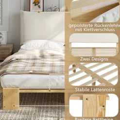 Okwish Lit Ado 140x200 cm - Lit Double avec Tête de Lit Capitonnée à Scratch, Sommier à Lattes, sans Matelas - Bois Naturel Outlet