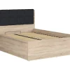 Pegane Lit adule 140x200 avec tête de lit capitonnée noir,sommier et rangement, coloris chêne Sonoma - L. 204,5 x P. 149 x H. 95/40,5 cm Outlet