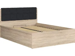 Pegane Lit adule 140x200 avec tête de lit capitonnée noir,sommier et rangement, coloris chêne Sonoma - L. 204,5 x P. 149 x H. 95/40,5 cm Outlet