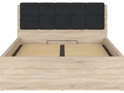 Pegane Lit adule 140x200 avec tête de lit capitonnée noir,sommier et rangement, coloris chêne Sonoma - L. 204,5 x P. 149 x H. 95/40,5 cm Outlet