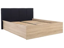 Pegane Lit adule 140x200 avec tête de lit capitonnée noir,sommier et rangement, coloris chêne Sonoma/noir