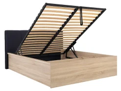 Pegane Lit adule 140x200 avec tête de lit capitonnée noir,sommier et rangement, coloris chêne Sonoma/noir