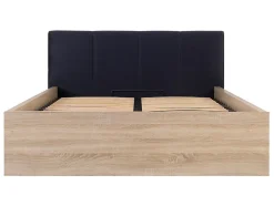 Pegane Lit adule 140x200 avec tête de lit capitonnée noir,sommier et rangement, coloris chêne Sonoma/noir