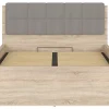 Pegane Lit adule 140x200 avec tête de lit capitonnée beige,sommier et rangement, coloris chêne Sonoma - L. 204,5 x P. 149 x H. 95/40,5 cm