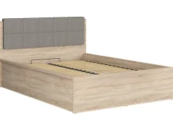 Pegane Lit adule 140x200 avec tête de lit capitonnée beige,sommier et rangement, coloris chêne Sonoma - L. 204,5 x P. 149 x H. 95/40,5 cm