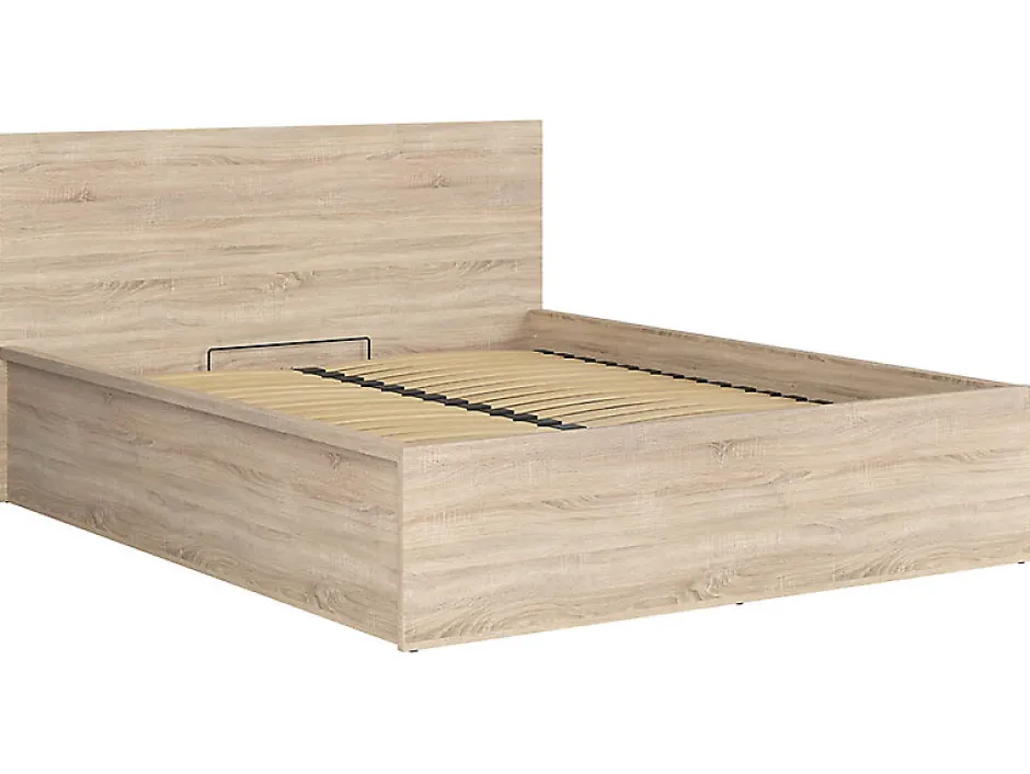 Pegane Lit adule 160x200 Lit coffre 2 place avec sommier et rangement, coloris chêne Sonoma - L. 204,5 x P. 169 x H. 95/40,5 cm