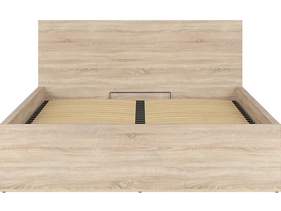 Pegane Lit adule 160x200 Lit coffre 2 place avec sommier et rangement, coloris chêne Sonoma - L. 204,5 x P. 169 x H. 95/40,5 cm