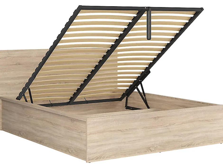 Pegane Lit adule 160x200 Lit coffre 2 place avec sommier et rangement, coloris chêne Sonoma - L. 204,5 x P. 169 x H. 95/40,5 cm
