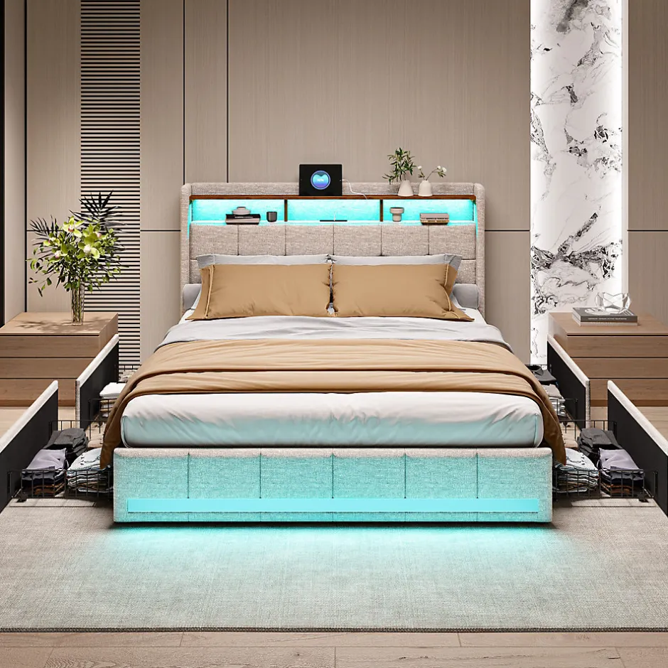 Generique Lit adulte 180 x 200 cm avec 4 tiroirs de rangement, bande lumineuse LED, chargement USB, lit capitonné double, lit ado, lin beige