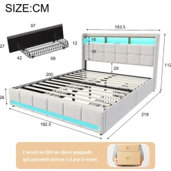 Generique Lit adulte 180 x 200 cm avec 4 tiroirs de rangement, bande lumineuse LED, chargement USB, lit capitonné double, lit ado, lin beige