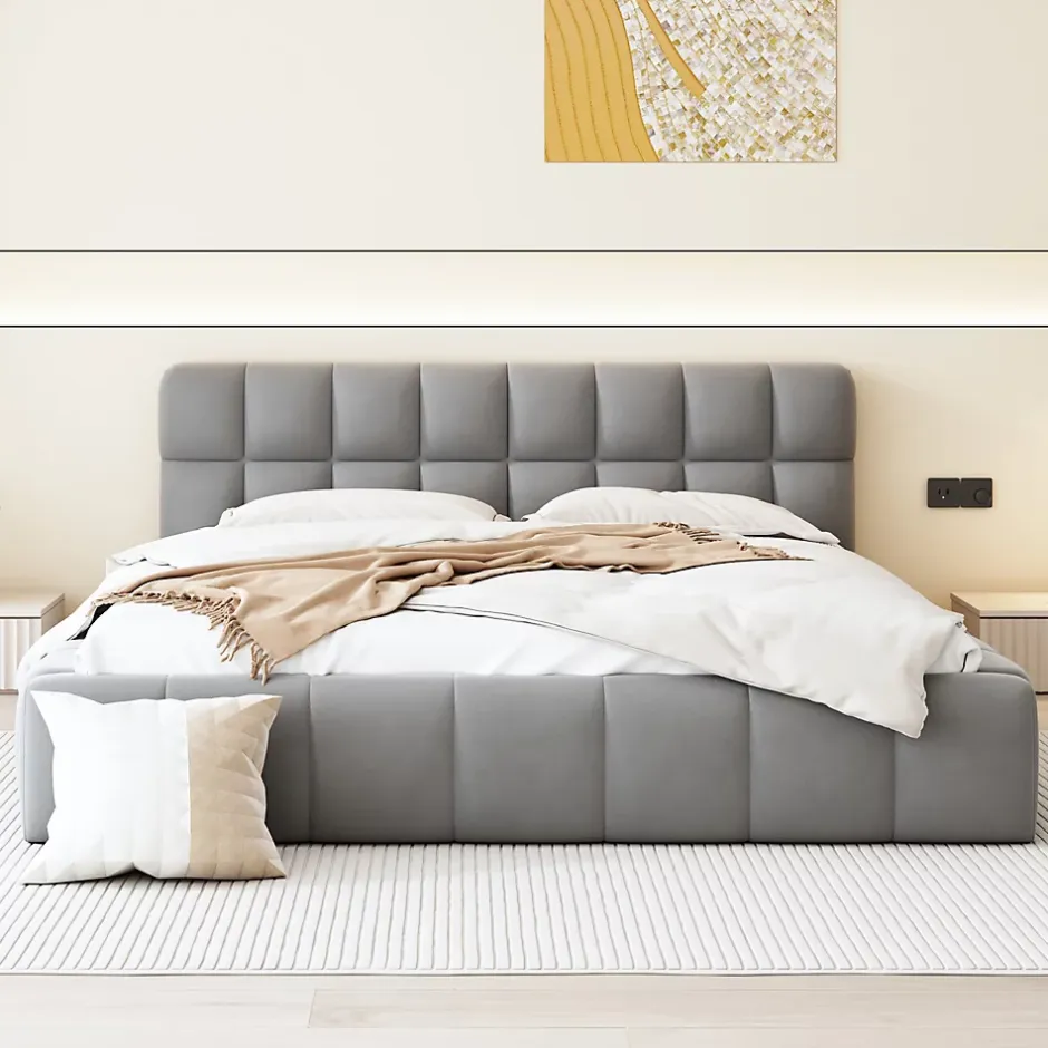 Fortuna lai Lit adulte 160 x 200,lit au sol, lit bas,avec tête de lit et dossier souple,sommier à lattes,scandinave moderne,lin,gris Best