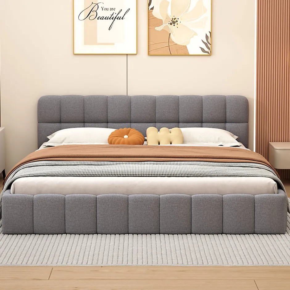 Fortuna lai Lit adulte 160 x 200,lit au sol, lit bas,avec tête de lit et dossier souple,sommier à lattes,scandinave moderne,lin,gris Best