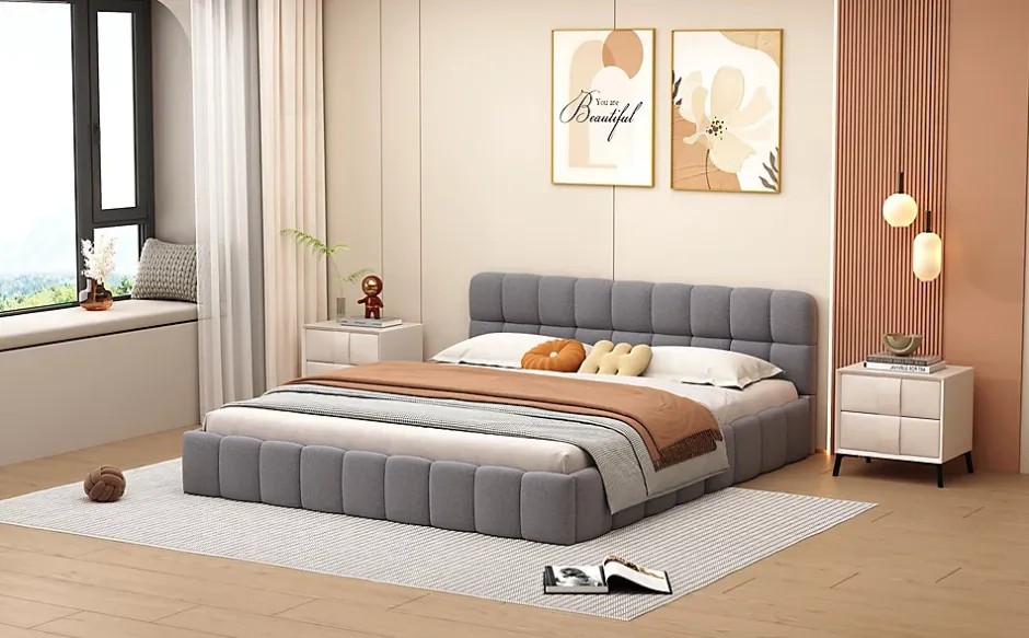 Fortuna lai Lit adulte 160 x 200,lit au sol, lit bas,avec tête de lit et dossier souple,sommier à lattes,scandinave moderne,lin,gris Best