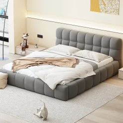 Fortuna lai Lit adulte 160 x 200,lit au sol, lit bas,avec tête de lit et dossier souple,sommier à lattes,scandinave moderne,lin,gris Best