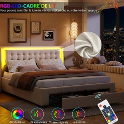Fortuna lai Lit Adulte Avec Sommier à Lattes 140x190 Cm,avec LED Et Rangement,avec Tête De Lit En Velours,beige