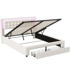 Fortuna lai Lit Adulte Avec Sommier à Lattes 140x190 Cm,avec LED Et Rangement,avec Tête De Lit En Velours,beige