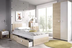 Pegane Lit adulte coloris blanc, chêne naturel avec 2 tiroirs - Longueur 196 x Profondeur 97 x Hauteur 79 cm Online