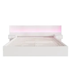 ModernLuxe Lit adulte de rangement 180x200cm en bois - avec prises USB et LED - 2 tables de chevet & 2 tiroirs - Blanc