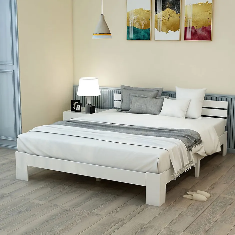 Blackcolors Lit Adulte Double Bois Massif 140x200cm Tête Lit Blanc Discount